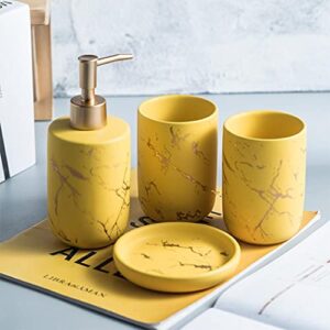 bathroom accessories set, 4pcs/set luxury ceramic bathroom accessory set, soap/lotion dispenser, bathroom tumbler, soap dish for home hotel bathroom (yellow)