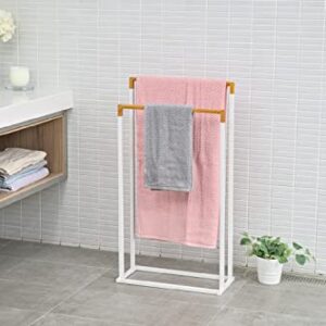 ikloo 33 Inch 2-Tier White Metal Freestanding Bathroom Towel Rack Stand with Bamboo Wood Bar, Laundry Room Drying Rack Holder, Bathroom Storage Organizer.