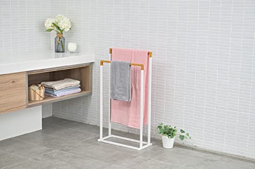 ikloo 33 Inch 2-Tier White Metal Freestanding Bathroom Towel Rack Stand with Bamboo Wood Bar, Laundry Room Drying Rack Holder, Bathroom Storage Organizer.