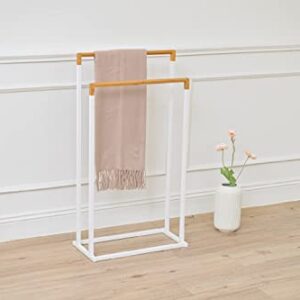 ikloo 33 Inch 2-Tier White Metal Freestanding Bathroom Towel Rack Stand with Bamboo Wood Bar, Laundry Room Drying Rack Holder, Bathroom Storage Organizer.