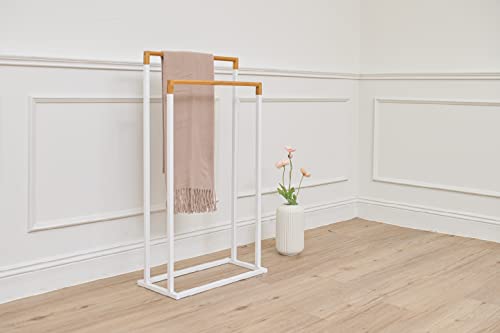 ikloo 33 Inch 2-Tier White Metal Freestanding Bathroom Towel Rack Stand with Bamboo Wood Bar, Laundry Room Drying Rack Holder, Bathroom Storage Organizer.