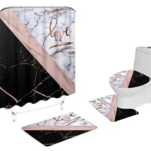 my-baby rose gold marble bathroom shower curtain sets with rugs,toilet pad cover and bath mat,rose gold faux marble with love waterproof polyester shower curtain set 4 pcs bathroom decor