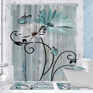 Moukeren 4 Pcs Teal Blue Daisy Butterfly Shower Curtain Set with Non Slip Rugs Toilet Lid Cover and Bath Mat Rustic Farmhouse Shower Curtain Turquoise Shower Curtain with Hooks Sets