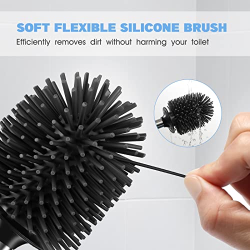 Toilet Bowl Brush Holder Set: Silicone Stainless Steel Deep Cleaning Toilet Cleaner Brush for Bathroom Restroom - Compact Modern Rv Toilet Scrubber Accessories with Caddy