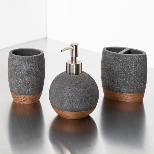 BINO Bathroom Accessories Set - Dark Grey | Soap Dispenser | Toothbrush Holder | Tumbler | 3-Piece Bathroom Organizer Countertop Set | Bathroom Decor | Home Decor | Bathroom Set