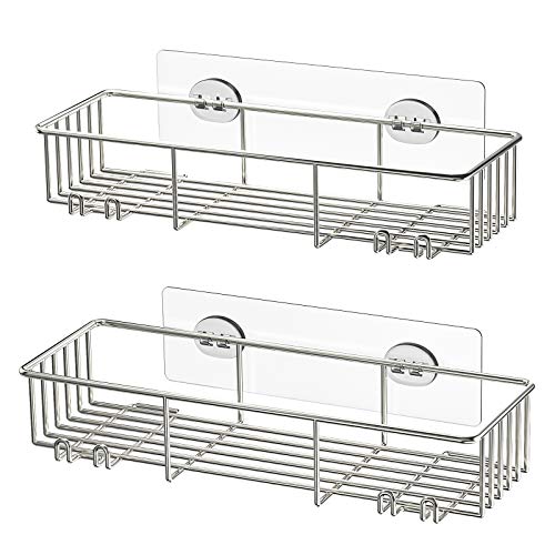 SMARTAKE 2-Pack Shower Caddy, Rustproof Bathroom Shelf Organizer with Hooks for Hanging Razor Sponge Brush, SUS304 Stainless Steel Wall Rack for Dorm, Toilet, Bath and Kitchen, Silver