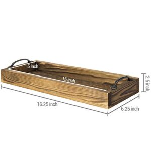 MyGift 16-inch Rustic Burnt Wood Toilet Tank Tray Organizer Storage Bathroom Vanity Tray with Vintage Brass Metal Handles