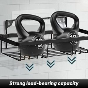AJIJING 4 Pack Shower Caddy, Stainless Steel Black Shower Organizer Shelves with 8 Hooks and Soap Holder Adhesive Drilling Wall Mounted Bathroom Shower Storage Shelf for Inside Shower Toilet Kitchen Living Room