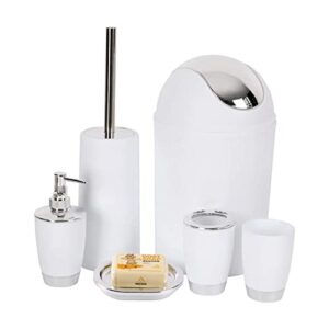 ycoco 6 pcs plastic bathroom accessories,includes toothbrush holder,toothbrush cup,soap dispenser,soap dish,toilet brush,trash can,white