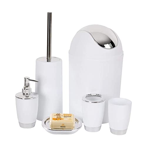 YCOCO 6 Pcs Plastic Bathroom Accessories,Includes Toothbrush Holder,Toothbrush Cup,Soap Dispenser,Soap Dish,Toilet Brush,Trash Can,White