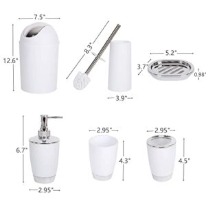 YCOCO 6 Pcs Plastic Bathroom Accessories,Includes Toothbrush Holder,Toothbrush Cup,Soap Dispenser,Soap Dish,Toilet Brush,Trash Can,White