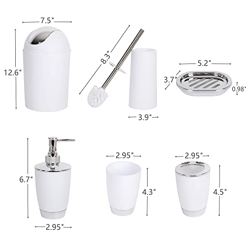 YCOCO 6 Pcs Plastic Bathroom Accessories,Includes Toothbrush Holder,Toothbrush Cup,Soap Dispenser,Soap Dish,Toilet Brush,Trash Can,White