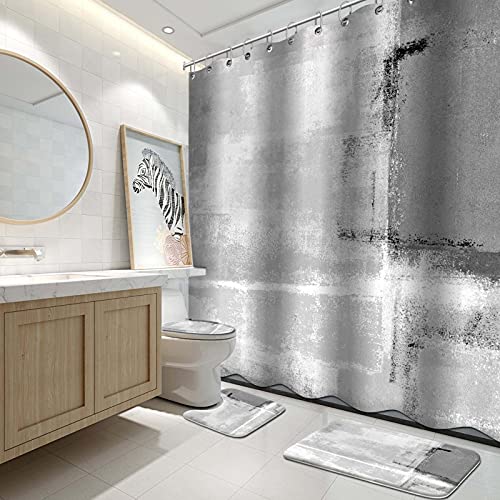 4Pcs Bathroom Shower Curtain Sets with Rugs,Grey and White Abstract Painting Bathroom Sets with Shower Curtain and Rugs and Accessories