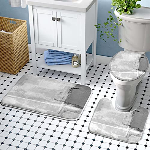 4Pcs Bathroom Shower Curtain Sets with Rugs,Grey and White Abstract Painting Bathroom Sets with Shower Curtain and Rugs and Accessories