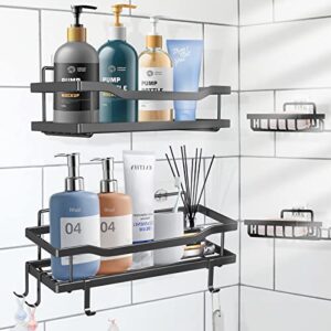 homarkable 4-pack adhesive shower caddy, wall mounted bathroom shower shelves with soap holder, no drilling stainless steel shower organizer for inside shower & kitchen storage, with 4 hooks (black)