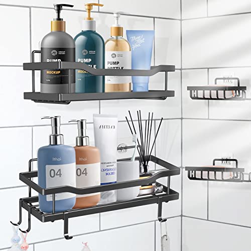 Homarkable 4-Pack Adhesive Shower Caddy, Wall Mounted Bathroom Shower Shelves with Soap Holder, No Drilling Stainless Steel Shower Organizer for Inside Shower & Kitchen Storage, with 4 Hooks (Black)