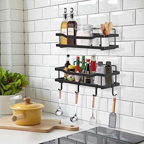 Homarkable 4-Pack Adhesive Shower Caddy, Wall Mounted Bathroom Shower Shelves with Soap Holder, No Drilling Stainless Steel Shower Organizer for Inside Shower & Kitchen Storage, with 4 Hooks (Black)