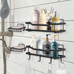 Homarkable 4-Pack Adhesive Shower Caddy, Wall Mounted Bathroom Shower Shelves with Soap Holder, No Drilling Stainless Steel Shower Organizer for Inside Shower & Kitchen Storage, with 4 Hooks (Black)