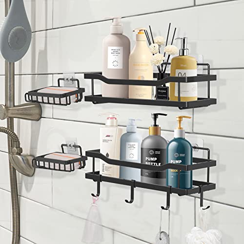 Homarkable 4-Pack Adhesive Shower Caddy, Wall Mounted Bathroom Shower Shelves with Soap Holder, No Drilling Stainless Steel Shower Organizer for Inside Shower & Kitchen Storage, with 4 Hooks (Black)