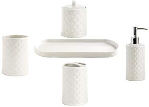 5-piece bath accessory set by kassatex, scala bath accessories | lotion dispenser, toothbrush holder, tumbler, tray, cotton jar - embossed porcelain