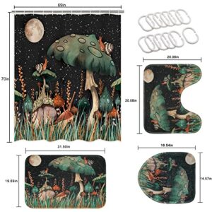 Alishomtll 4 Pcs Mushroom Shower Curtain Sets with Non-Slip Rug, Toilet Lid Cover and Bath Mat, Cute Hippie Moon Shower Curtain with 12 Hooks, Green Black Bathroom Sets with Shower Curtain and Rugs