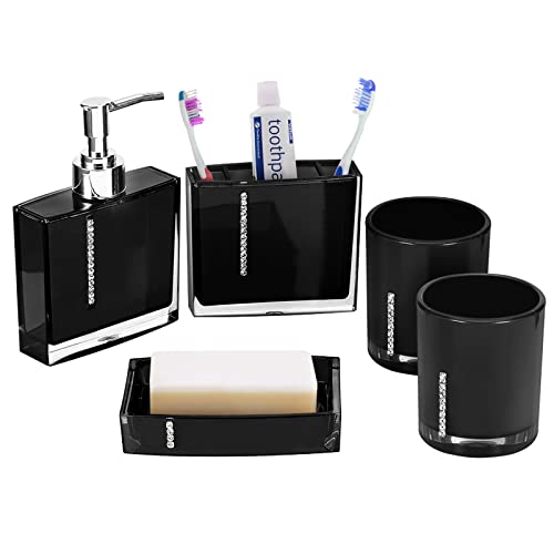 Bathroom Accessories Set, Bathroom Designer 5-Piece Bath Accessory Set Decorative Bath Accessory Kit with Toothbrush Holder Soap Dish Toothbrush Cup Soap Dispenser Gargle Cup (Black)