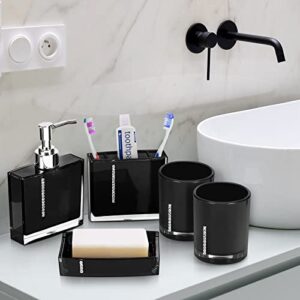 Bathroom Accessories Set, Bathroom Designer 5-Piece Bath Accessory Set Decorative Bath Accessory Kit with Toothbrush Holder Soap Dish Toothbrush Cup Soap Dispenser Gargle Cup (Black)