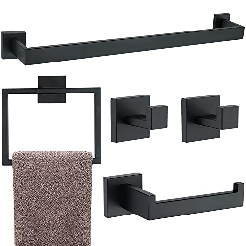 5 Pieces Bathroom Hardware Accessories Set Matte Black, 24Inch Bathroom Towel Rack Set SUS304 Stainless Steel, Square Bath Towel bar Set Wall Mounted, Heavy Duty