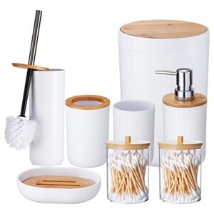 imucci bathroom accessories set with trash can,toilet brush,toothbrush holder, lotion soap dispenser, soap dish,toothbrush cup,qtip holder(8pcs white bamboo cover)
