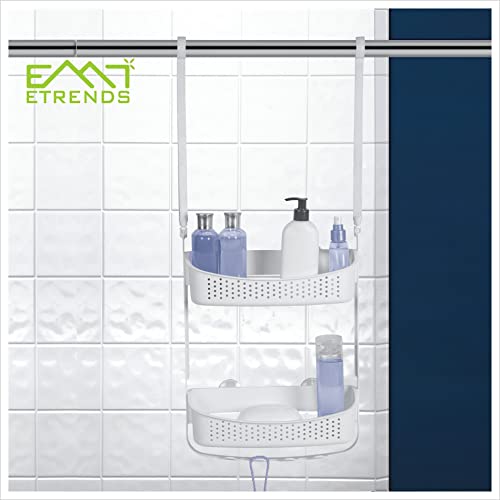 EMT ETRENDS Plastic Shower Caddy over Shower Head/Door,Hanging Shower Caddy, 2 in 1 Adjustable Shower Organizer,Rust Resistant No Drilling Anti-Swing Shelf for Bathware (4 suction cup, White)