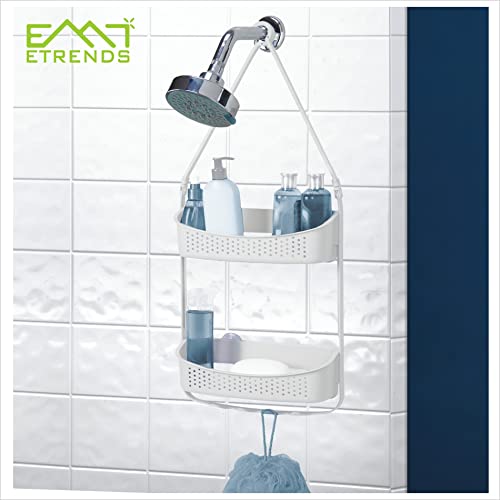 EMT ETRENDS Plastic Shower Caddy over Shower Head/Door,Hanging Shower Caddy, 2 in 1 Adjustable Shower Organizer,Rust Resistant No Drilling Anti-Swing Shelf for Bathware (4 suction cup, White)