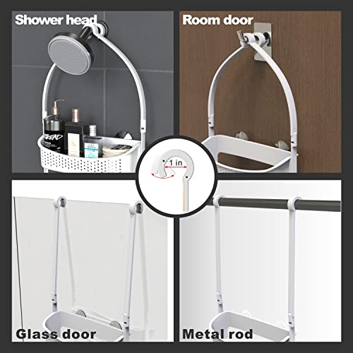 EMT ETRENDS Plastic Shower Caddy over Shower Head/Door,Hanging Shower Caddy, 2 in 1 Adjustable Shower Organizer,Rust Resistant No Drilling Anti-Swing Shelf for Bathware (4 suction cup, White)