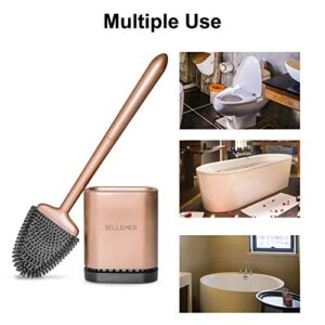 Sellemer Toilet Brush and Holder Set for Bathroom, Flexible Toilet Bowl Brush Head with Silicone Bristles, Compact Size for Storage and Organization, Ventilation Slots Base (Rose Gold)