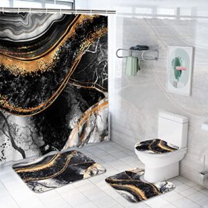 ikfashoni 4 pcs black marble shower curtain set with non-slip rugs, toilet lid cover and bath mat, abstract black and gold shower curtain with 12 hooks, modern marble shower curtain for bathroom decor