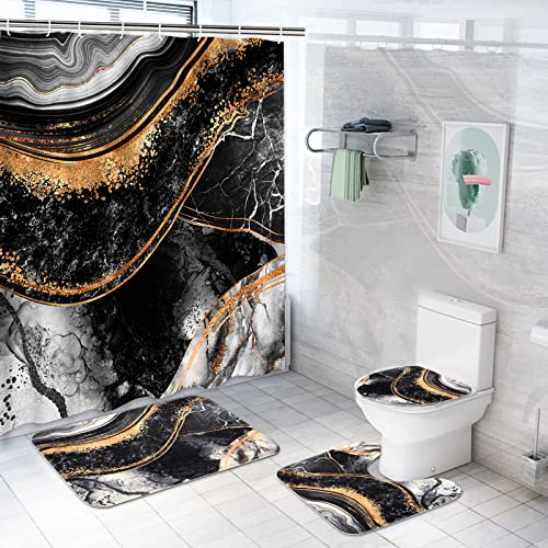 Ikfashoni 4 Pcs Black Marble Shower Curtain Set with Non-Slip Rugs, Toilet Lid Cover and Bath Mat, Abstract Black and Gold Shower Curtain with 12 Hooks, Modern Marble Shower Curtain for Bathroom Decor