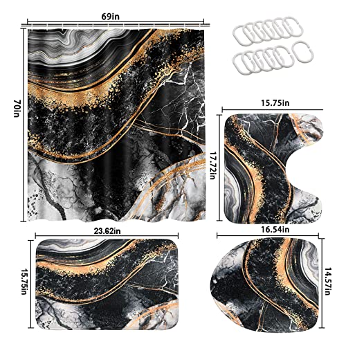 Ikfashoni 4 Pcs Black Marble Shower Curtain Set with Non-Slip Rugs, Toilet Lid Cover and Bath Mat, Abstract Black and Gold Shower Curtain with 12 Hooks, Modern Marble Shower Curtain for Bathroom Decor