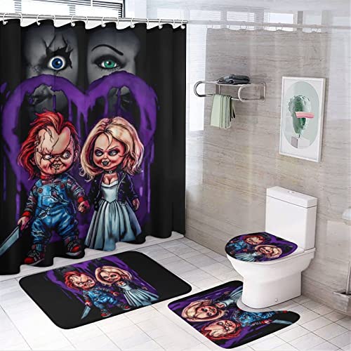 OneFale 4 Pcs Horror Movie Chucky Shower Curtain Set with Non-Slip Rugs, Toilet Lid Cover,Bath Mat and Shower Curtain with 12 Hooks for Bathroom Decor Sets Accessories 70.9X 70.9Inch