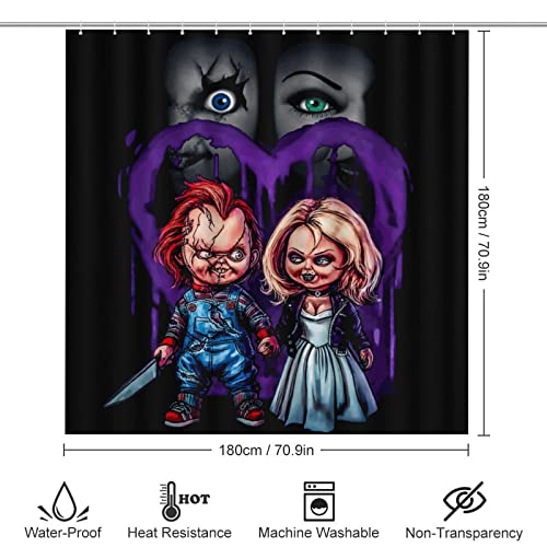 OneFale 4 Pcs Horror Movie Chucky Shower Curtain Set with Non-Slip Rugs, Toilet Lid Cover,Bath Mat and Shower Curtain with 12 Hooks for Bathroom Decor Sets Accessories 70.9X 70.9Inch