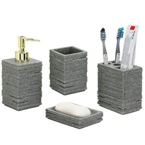 mygift 4 piece gray bathroom accessories set, modern stone style bath decor countertop organizers includes brass tone lotion/liquid soap dispenser pump, toothbrush holder, tumbler, and soap dish