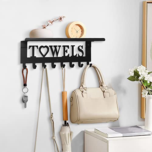 Towel Rack with Metal Shelf for Bathroom Wall Mounted Towel Holder with Hooks Towel Hanger Towel Storage Wall Decor for Bedroom, Living Room, Kitchen (8 Hooks, Black)