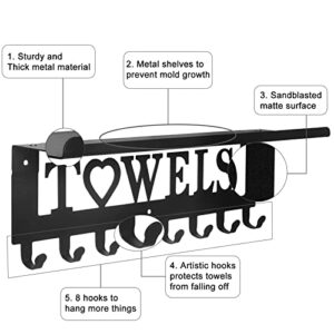 Towel Rack with Metal Shelf for Bathroom Wall Mounted Towel Holder with Hooks Towel Hanger Towel Storage Wall Decor for Bedroom, Living Room, Kitchen (8 Hooks, Black)