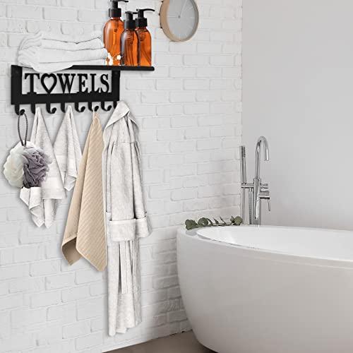 Towel Rack with Metal Shelf for Bathroom Wall Mounted Towel Holder with Hooks Towel Hanger Towel Storage Wall Decor for Bedroom, Living Room, Kitchen (8 Hooks, Black)