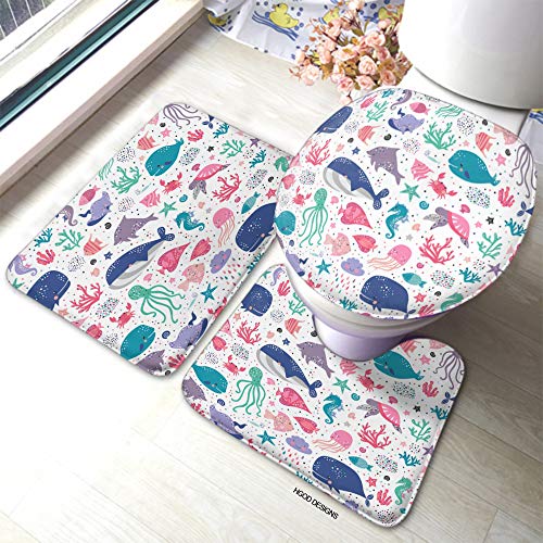 HGOD DESIGNS Sea Bath Mat Colorful Sea Life Cute Fish Jellyfish Starfish Octopus Seamless Pattern Bathroom 3 Piece Set Non-Slip Bathmat Antiskid Pad Doormat and Toilet Lid Cover Set