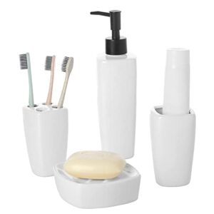 mygift 4 piece ceramic white bathroom accessories set includes lotion dispenser with matte black pump, toothbrush holder, tumbler and soap dish