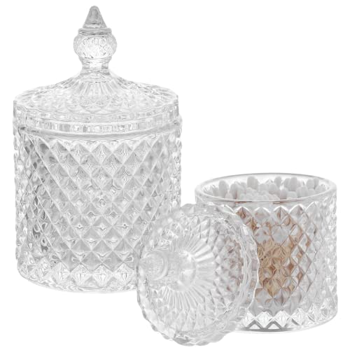 2PCS Glass Apothecary Jars Set, 10oz &20oz Qtip Holders with Lid, Crystal Vanity Organizers, Makeup Storage Containers, Decorative Canisters for Home, Kitchen, Bathroom