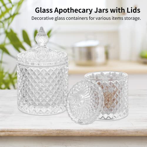 2PCS Glass Apothecary Jars Set, 10oz &20oz Qtip Holders with Lid, Crystal Vanity Organizers, Makeup Storage Containers, Decorative Canisters for Home, Kitchen, Bathroom