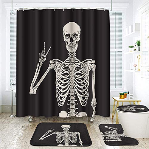 ArtSocket 4 Pcs Shower Curtain Set Human Skeleton Posing Over Skull Creative Vintage Black with Non-Slip Rugs Toilet Lid Cover and Bath Mat Bathroom Decor Set 72" x 72"