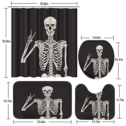 ArtSocket 4 Pcs Shower Curtain Set Human Skeleton Posing Over Skull Creative Vintage Black with Non-Slip Rugs Toilet Lid Cover and Bath Mat Bathroom Decor Set 72" x 72"