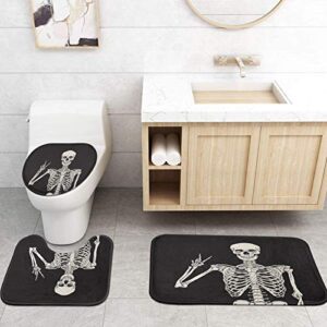 ArtSocket 4 Pcs Shower Curtain Set Human Skeleton Posing Over Skull Creative Vintage Black with Non-Slip Rugs Toilet Lid Cover and Bath Mat Bathroom Decor Set 72" x 72"