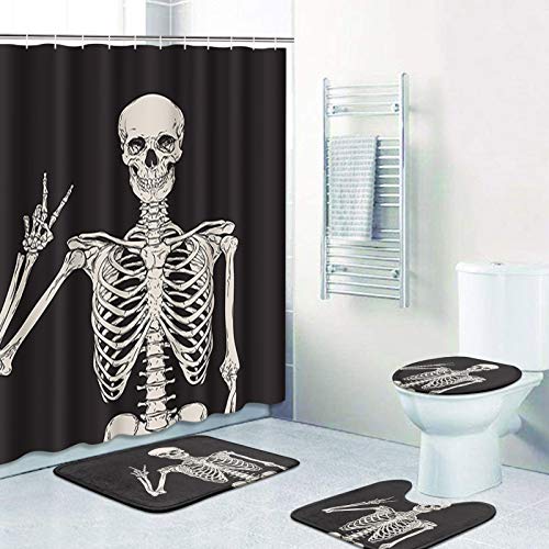 ArtSocket 4 Pcs Shower Curtain Set Human Skeleton Posing Over Skull Creative Vintage Black with Non-Slip Rugs Toilet Lid Cover and Bath Mat Bathroom Decor Set 72" x 72"